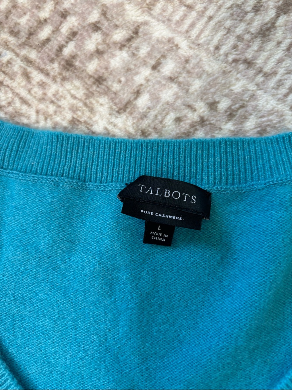 Talbots Blue 100% Cashmere Knit V-Neck Ribbed Trim Pullover Sweater L - Picture 8 of 8